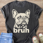 Dark grey t-shirt with a cream French bulldog graphic and the word "bruh".