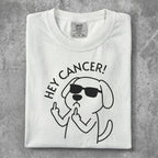 White t-shirt with cartoon dog wearing sunglasses and flipping the bird.