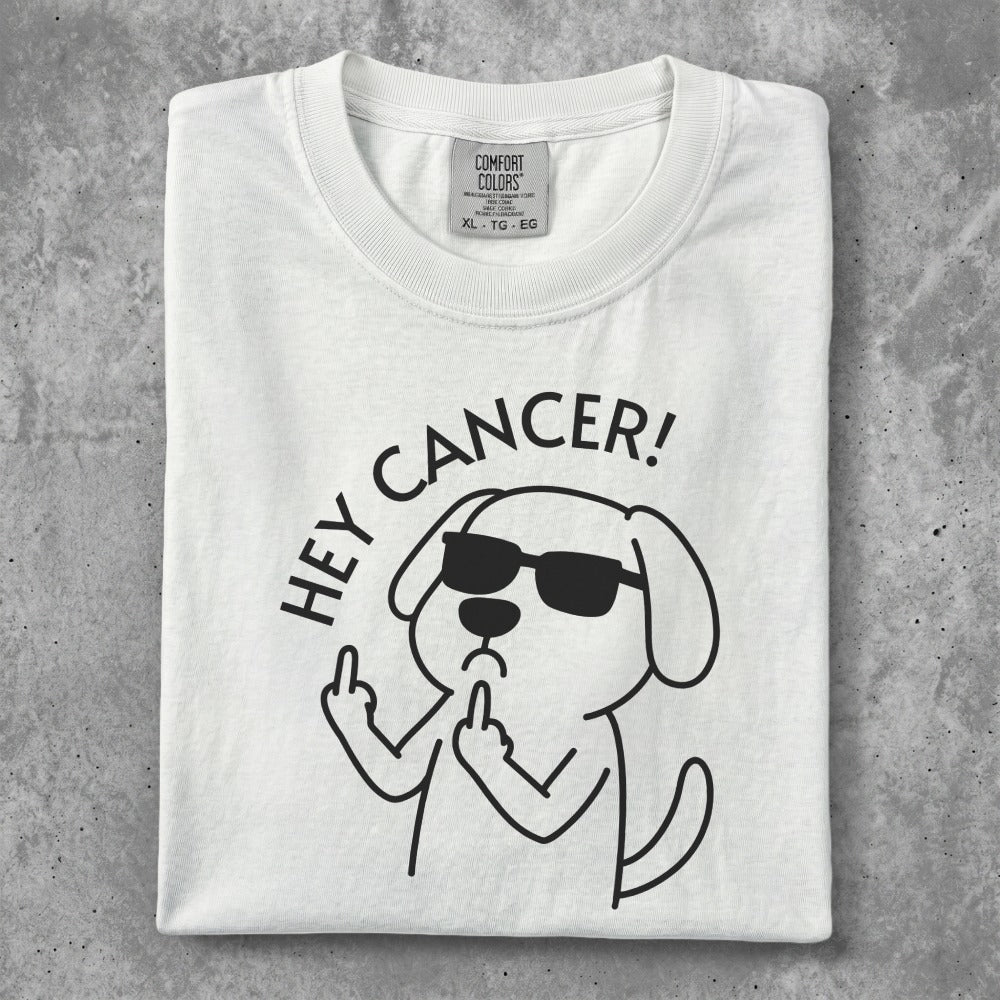 White t-shirt with cartoon dog wearing sunglasses and flipping the bird.