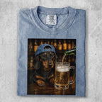 Dachshund wearing a baseball cap pours beer into a mug.