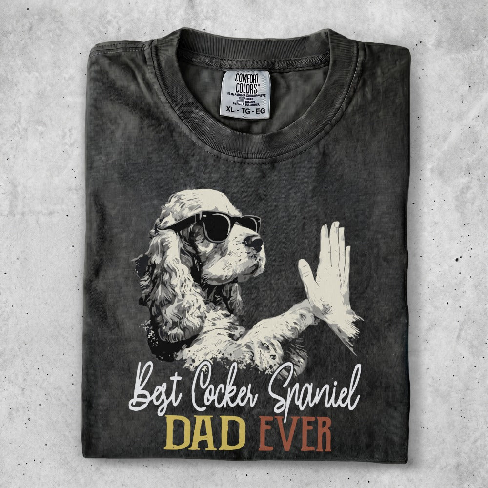 T-shirt with a Cocker Spaniel wearing sunglasses and the text "Best Cocker Spaniel Dad Ever".