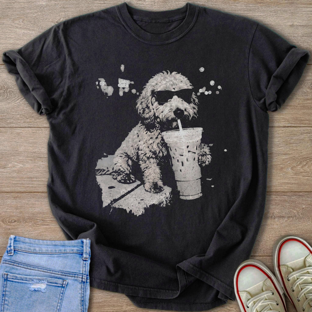 Black t-shirt with a doodle dog wearing sunglasses and drinking iced coffee.
