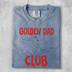 Golden Dad Club t-shirt with golden retriever graphics and red text.