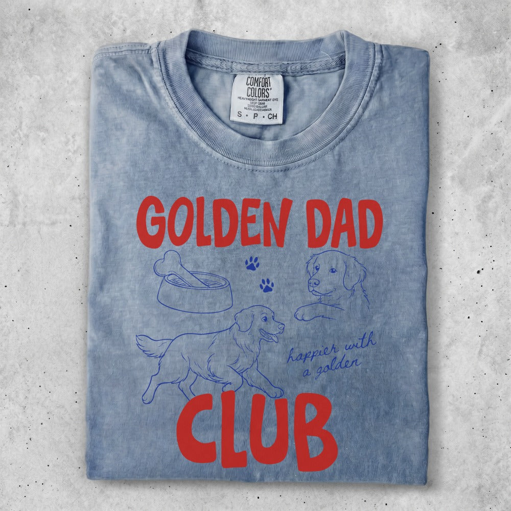 Golden Dad Club t-shirt with golden retriever graphics and red text.