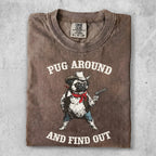 T-shirt with a cartoon pug in a cowboy hat and vest holding a gun.