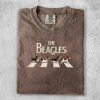 Brown t-shirt with "The Beagles" text and four beagles walking across a crosswalk.