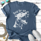T-shirt with "Bark for me" text and a dog's snarling head graphic.