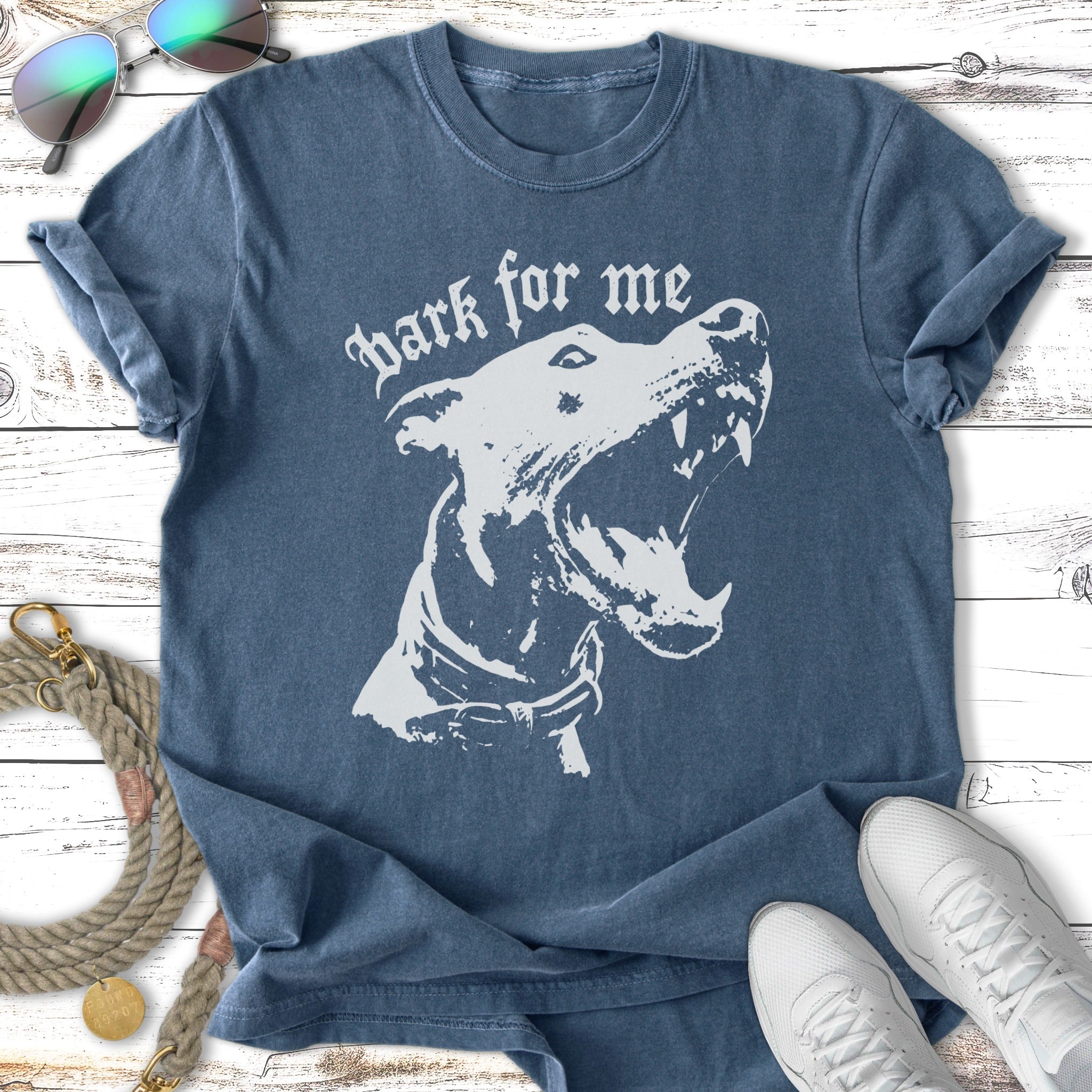 T-shirt with "Bark for me" text and a dog's snarling head graphic.