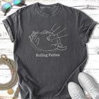 Dark gray t-shirt with "Rolling Fatties" text and a cartoon cat being petted.