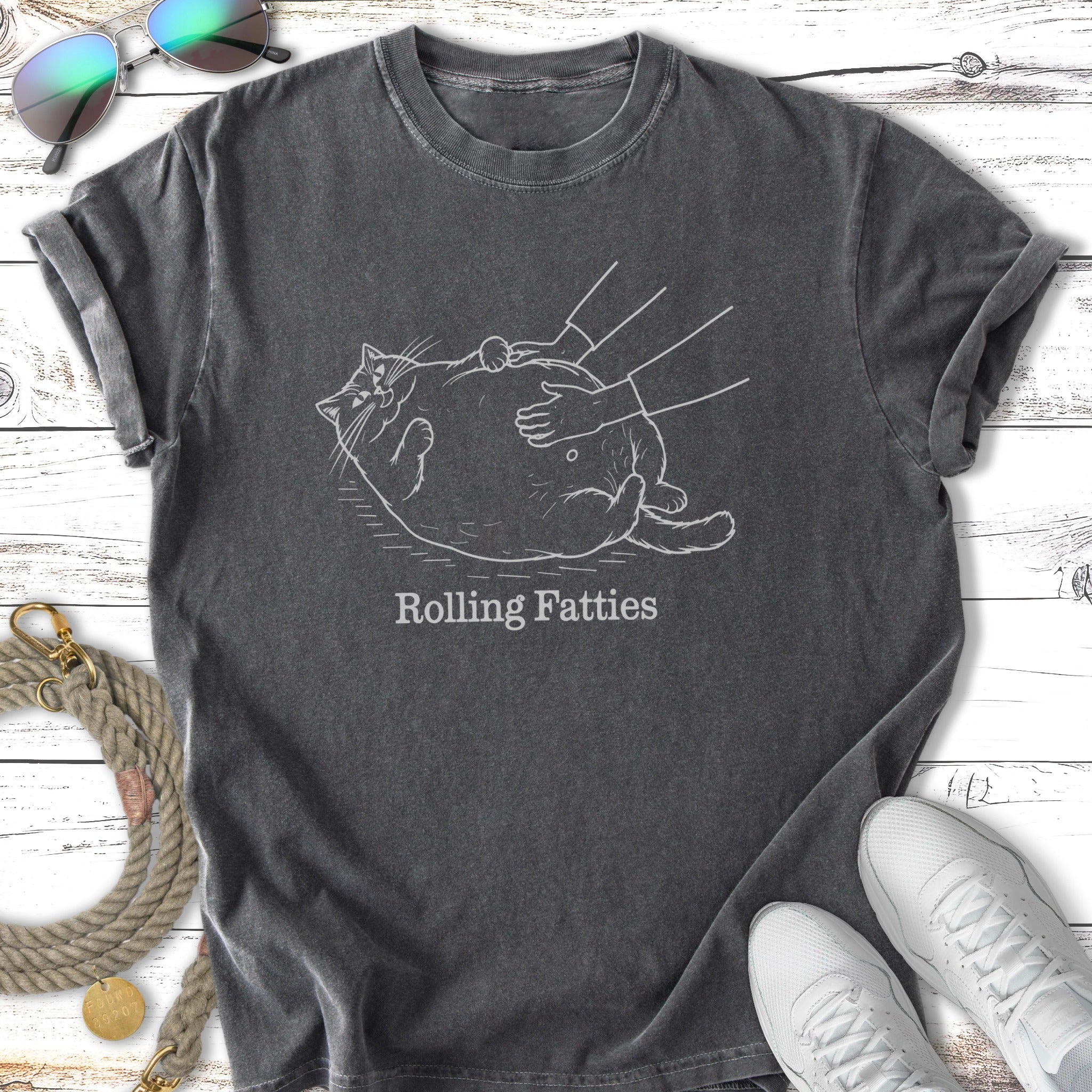 Dark gray t-shirt with "Rolling Fatties" text and a cartoon cat being petted.
