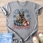 German Shepherd in sunglasses and float with drink, text "Chill the Fourth Out".