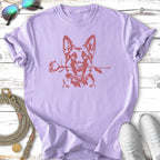 Purple t-shirt with a German Shepherd holding a rose in its mouth.