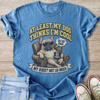 Blue t-shirt with French bulldog wearing sunglasses and holding mug: "10/10 Dad."