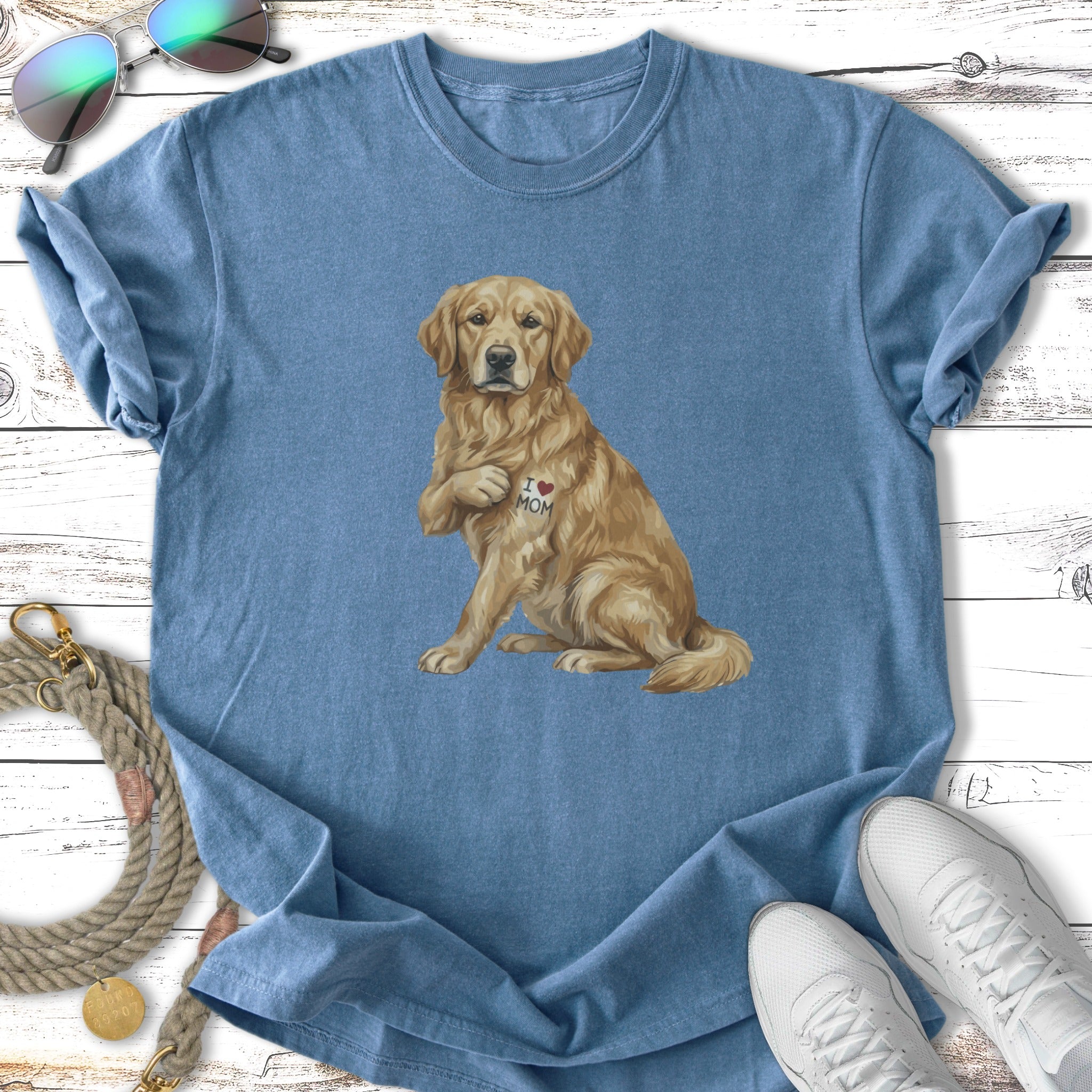 Blue t-shirt with golden retriever with "I ❤️ MOM" tattoo on chest.