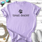 Lavender t-shirt with black "treat dealer" text and a paw print.