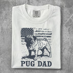 White t-shirt with pug and American flag graphic, text "PUG DAD".
