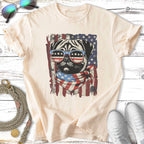 Pug wearing sunglasses and bandana with American flag design.