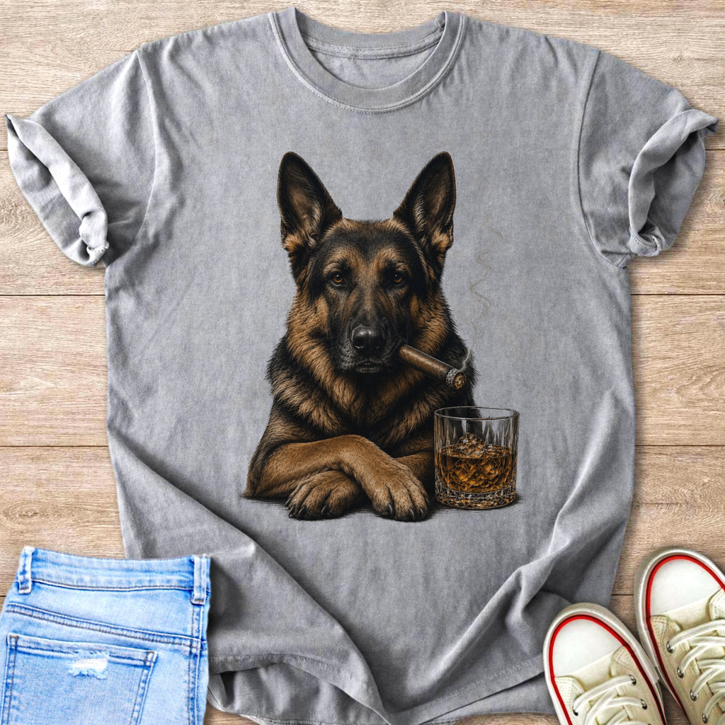 German Shepherd with cigar and whiskey on grey t-shirt graphic.