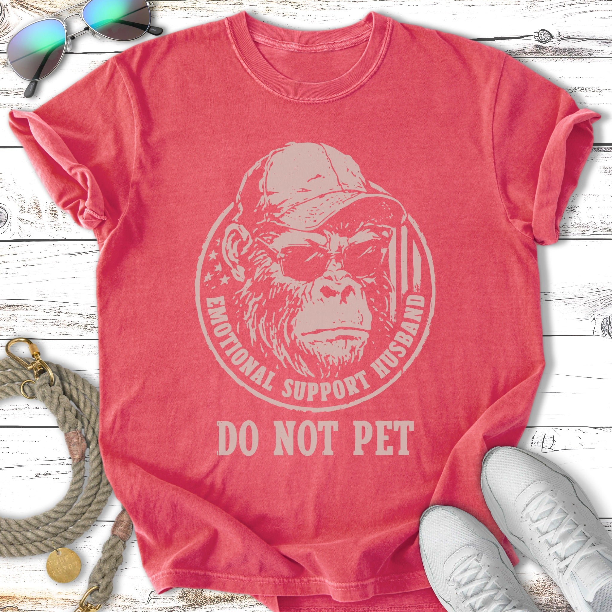 T-shirt with "Emotional Support Husband" and "Do Not Pet" text, featuring a chimpanzee graphic.