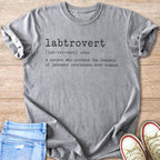 Grey t-shirt with "labtrovert" definition: a person who prefers labrador retrievers.