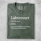 Labtrovert definition t-shirt, humorously stating "a person who prefers the company of labradors over humans."