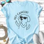 Light blue t-shirt with black graphic of a dog wearing sunglasses flipping the bird.