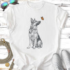 German Shepherd sitting with a butterfly above its nose on a white t-shirt.
