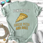 T-shirt with "Powered by Cheese Pizza and Dogs" text and a slice of pizza.