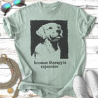 Light green t-shirt with a black graphic of a golden retriever and text.
