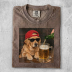 Golden retriever in sunglasses and red hat pours beer into a mug.