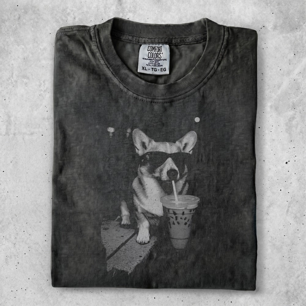 T-shirt featuring a Corgi wearing sunglasses and holding a drink.