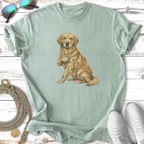Golden retriever wearing "I ❤️ MOM" temporary tattoo on chest.