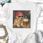 Golden retriever wearing sunglasses and a red hat, getting beer poured into a mug.