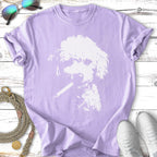 Light purple t-shirt with a white graphic of a dog wearing sunglasses and smoking a cigarette.