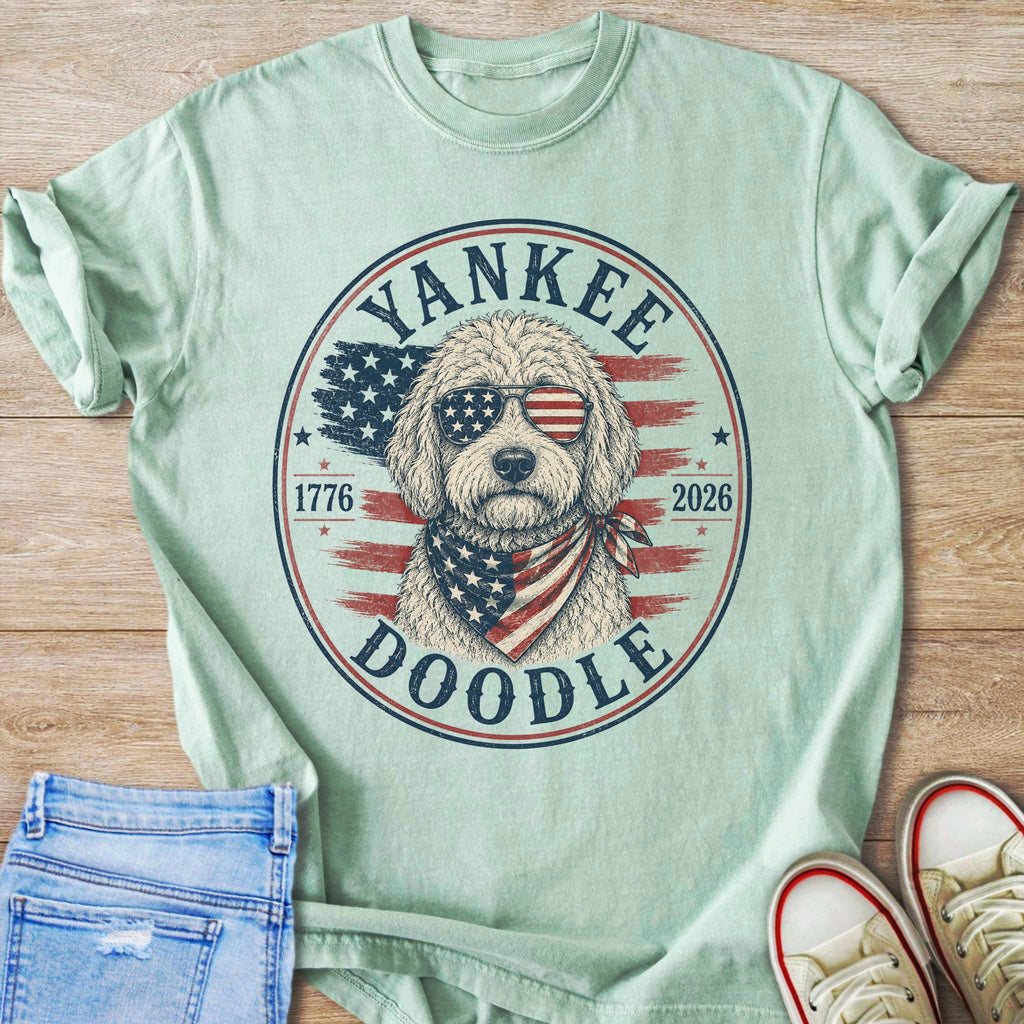 Light blue t-shirt with "Yankee Doodle" and patriotic dog graphic.