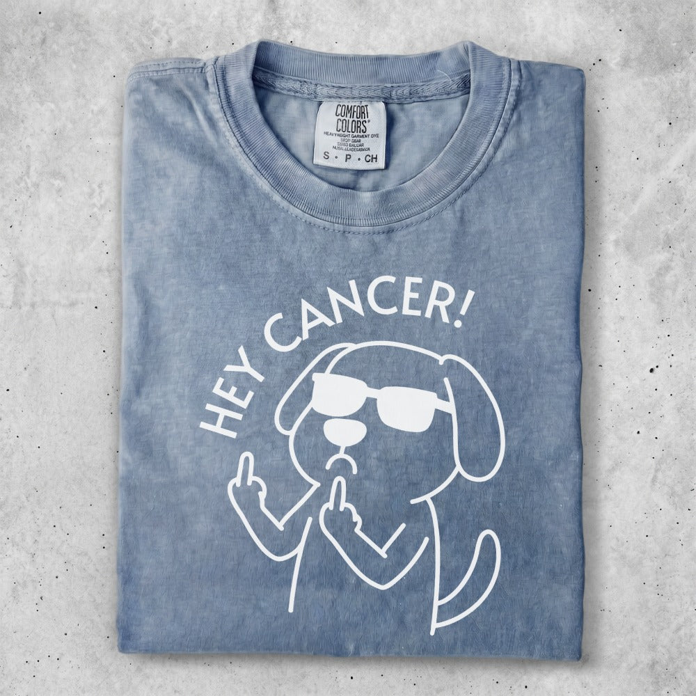 Dog wearing sunglasses, flipping the bird, with text "HEY CANCER!".