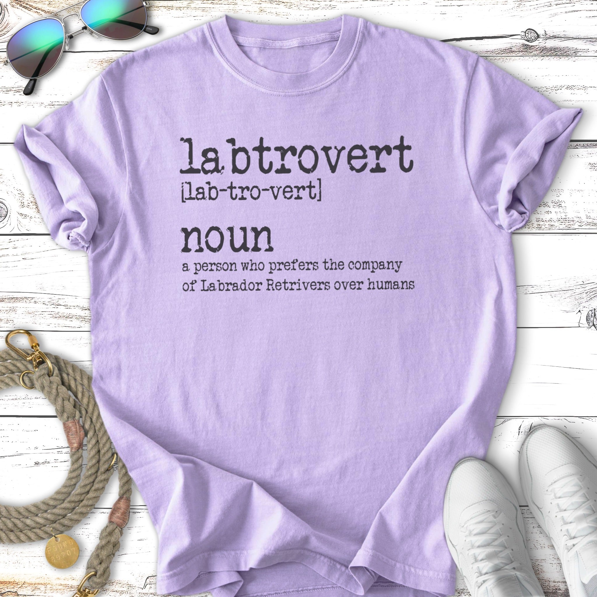 Purple t-shirt with "labtrovert" text and definition.