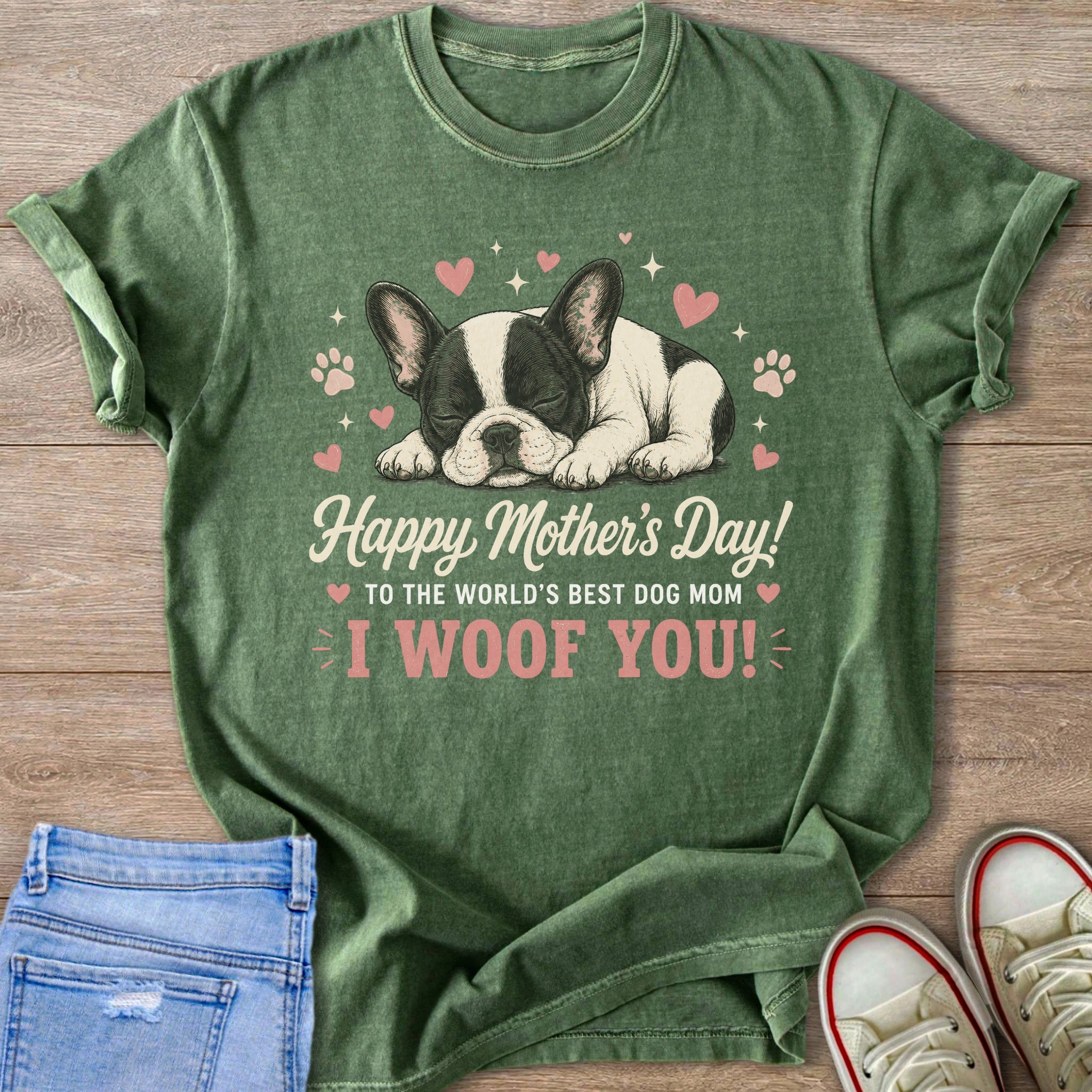 Green t-shirt with sleeping French Bulldog, hearts, and text "Happy Mother's Day! To the World's Best Dog Mom, I Woof You!".