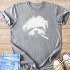 Gray t-shirt with a white graphic of a dog holding a cigarette.
