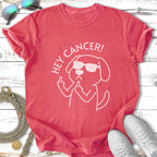 Red t-shirt with dog wearing sunglasses giving middle finger and text "HEY CANCER!".