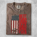 Brown t-shirt with distressed US flag and "BEST DOG DAD EVER" text.