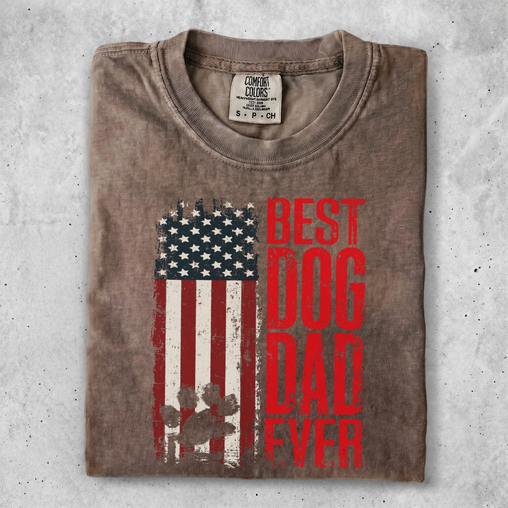 Brown t-shirt with distressed US flag and "BEST DOG DAD EVER" text.