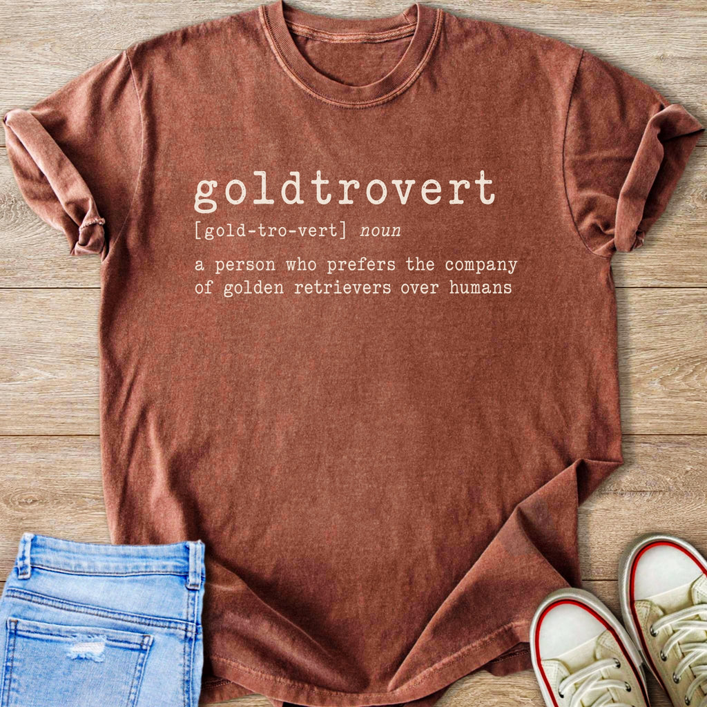 Brown t-shirt with "goldtrovert" definition: a person who prefers golden retrievers over humans.