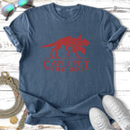 Blue t-shirt with a red graphic of the Demogorgon and "CAN I PET THAT DOG".