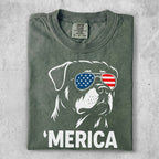 Rottweiler wearing American flag sunglasses, text reads 'MERICA.