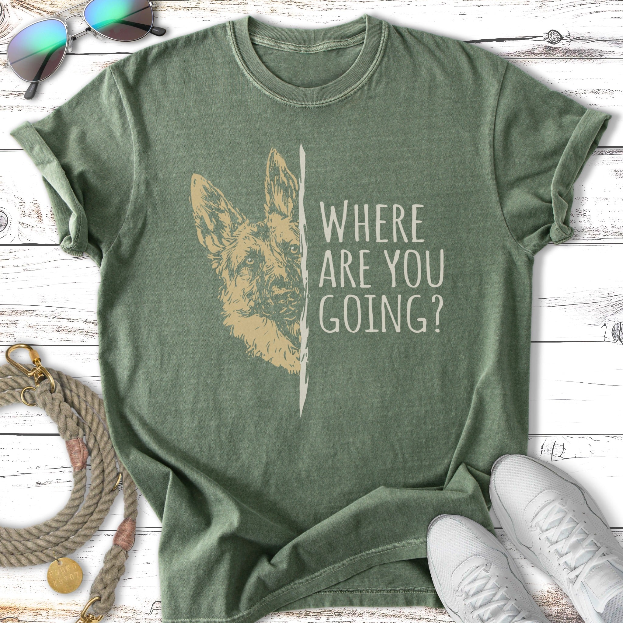 German Shepherd head illustration on a vintage green t-shirt with "WHERE ARE YOU GOING?"