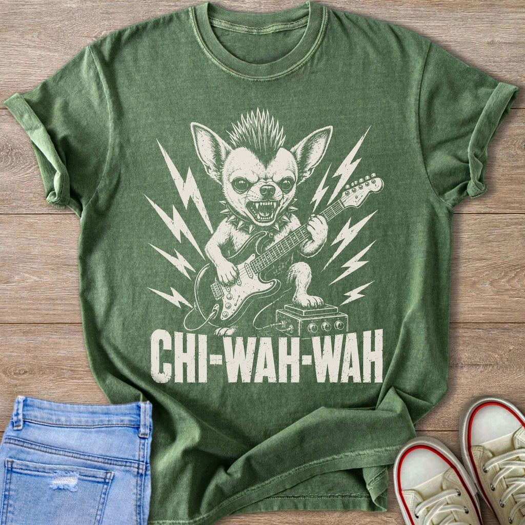 Green t-shirt with a distressed graphic of a chihuahua playing a guitar with text Chi-Wah-Wah.