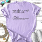 Lilac t-shirt with "weenietrovert" definition and dog-themed graphics.