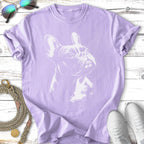 Lavender t-shirt with a white outline sketch of a French bulldog.