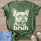 Green t-shirt with a distressed French bulldog graphic and the word "bruh".